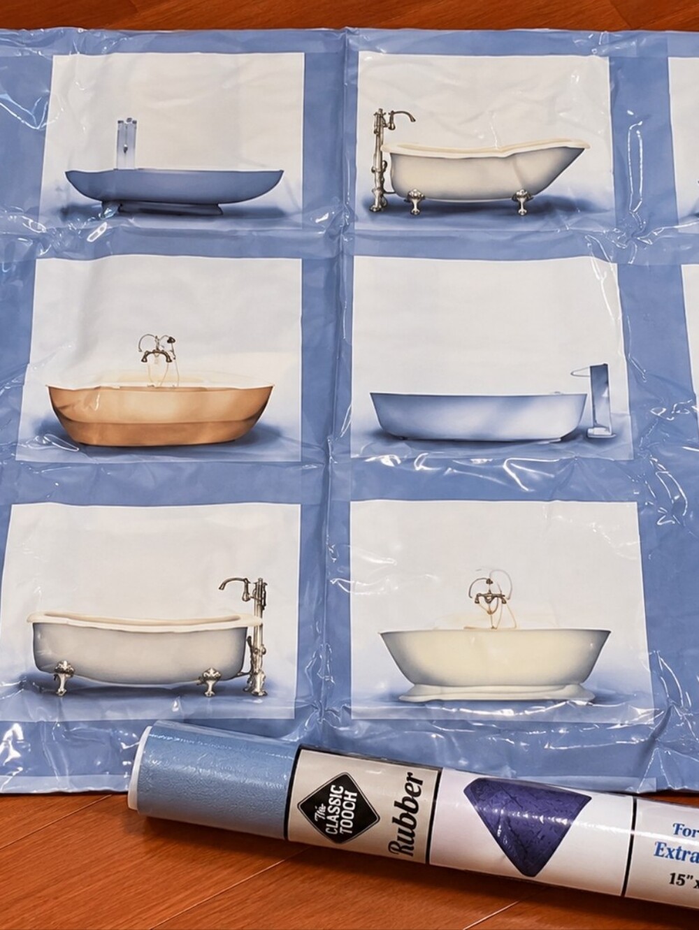 Blue Bathtub Print Shower Curtain + XL Rubber Bath Mat 15x27 Set